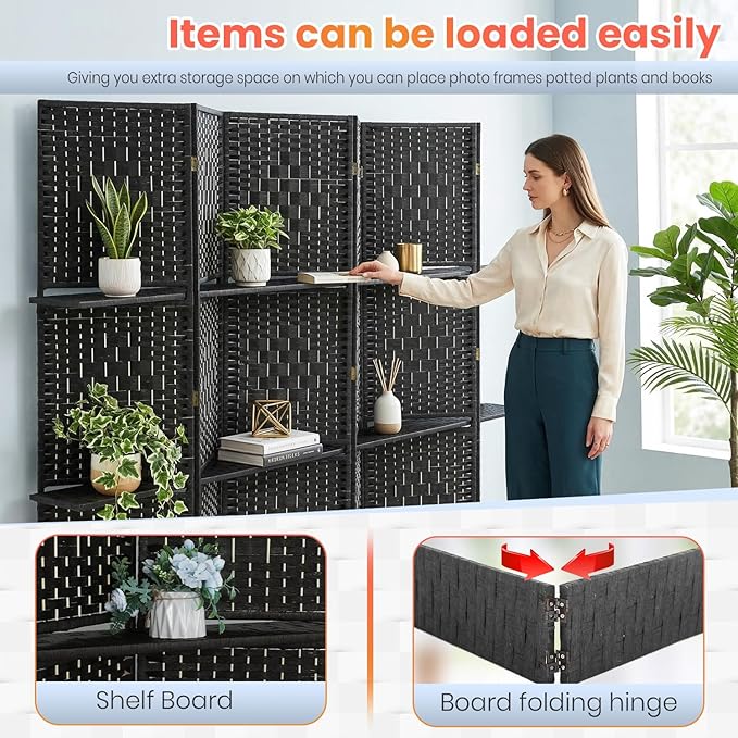 FDW 6 Panel Wood Room Divider - Foldable & Flexible Freestanding Screen, Easy Storage Partition Wall for Home Living Room, Dark Black