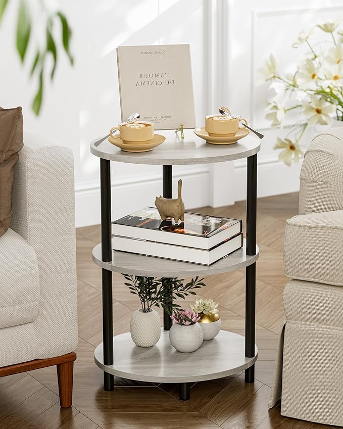 Round Pedestal End Table - 3-Tier Oval Accent Table for Small Spaces, Rustic Wood and Metal Couch Side Table, Nightstand for Bedroom or End Table Living Room, Easy to Assemble, Greige