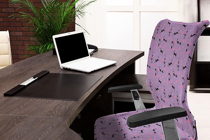 Ambesonne Cat Office Chair Cover, Funky Romantic Pattern with Little Hearts Funny Jumping Black Cat Characters, Stretchable Decorative Universal Size High Back Printed Slipcover, Lavender Black