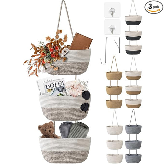 3 Tier Wall Mounted Woven Hanging Basket, Over the Door Hanging Basket with Hooks, Decorative Storage Hanging Closet Removable, Large Wall Basket for Bedroom, Kitchen, RV (White & Camel)