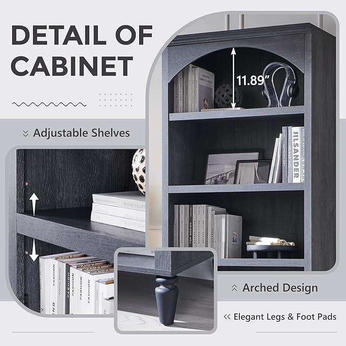 IFGET 76" Tall Arched Bookcase, Farmhouse 5 Tiers Large Arched Bookshelf Cabinet with Adjustable Shelves, Modern Wooden Book Shelf w/Storage and Open Display Shelves for Living Room, Office-Dark Grey