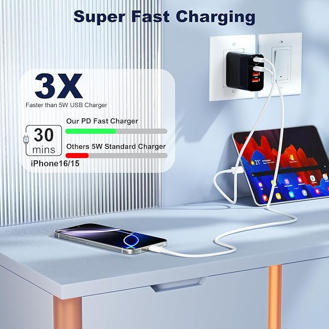 USB C Charger Block, 60W 5 in 1 Charging Blocks, PD 3.0 Fast Charger, QC 2A Black Wall Plug Multiport Type C Charging Block for iPhone 17 16 15 14 13 12 Pro Max, iPad, iPod, Samsung, AirPods Pro