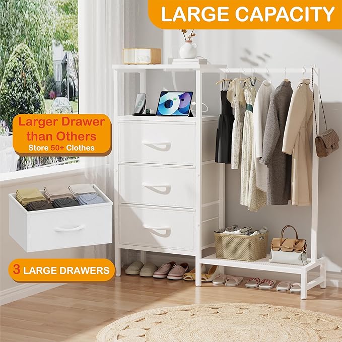 Dresser for Bedroom with Hanging Rack, 3 Drawers Closet with Charging Station, Fabric Chest of Drawers with Clothes Rack, Storage Organzier for Hallway Entryway, White