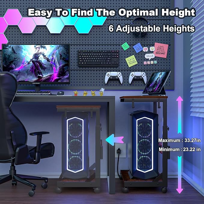Height Adjustable Computer Tower Stand with Charge Station and USB Charging Port, 2-Tier ATX-Case Cart, Under Desk Mobile PC Stand, CPU Holder Cart with Locking Caster Wheels for Fits Most PC