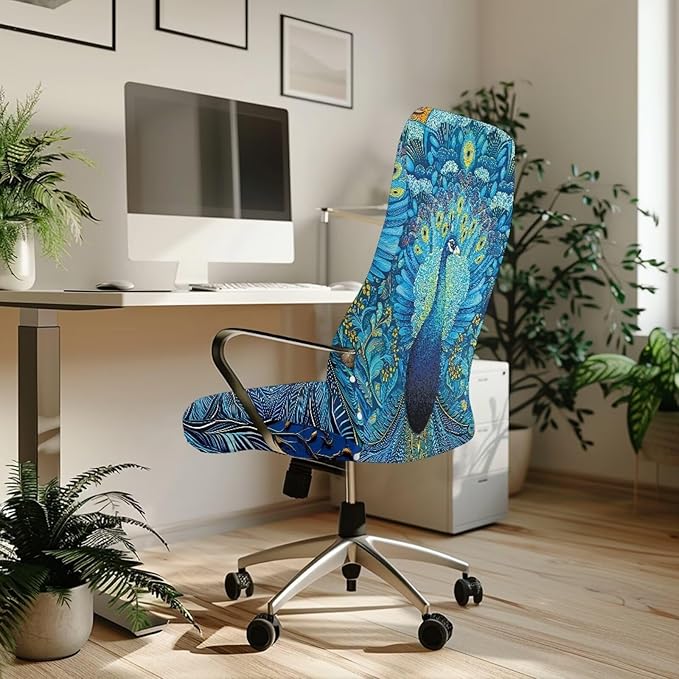 Talayituse Blue Peacock Print Office Chair Covers, Stretch Computer Chair Cover, Universal Boss Chair Covers Modern Simplism Style High Back Chair Slipcover, Small