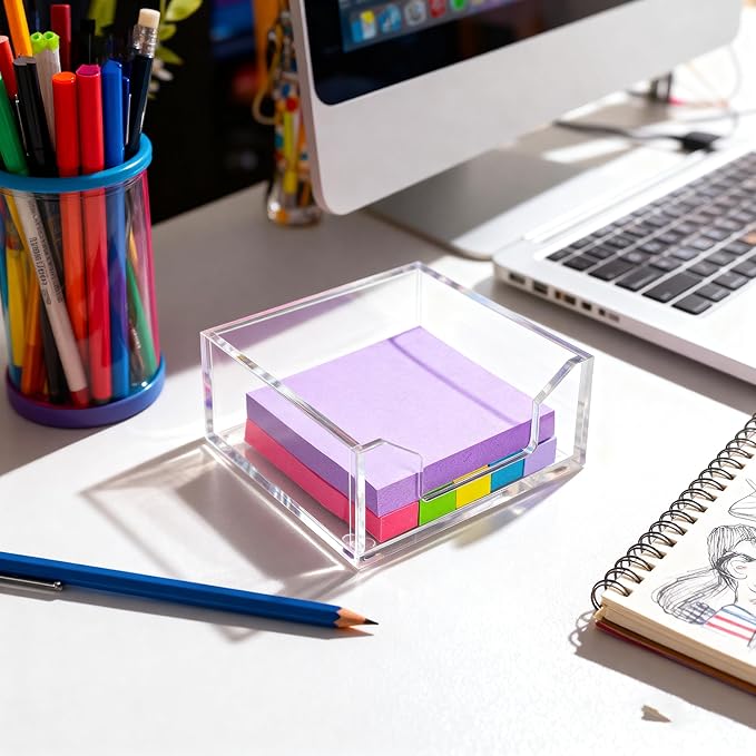 Clear Acrylic Sticky Note Holder Desk Organizer, 3.94" x 3.94" x 1.77" Memo Dispenser for Office Home School Post Bank Accessories(DP005)