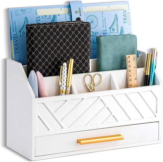 dreampossible white Wood Desk Organizer and Accessories with Drawer, Bill Mail Organizer and File Mail Holder for Office Supplies, Modern Desk Accessories & Workspace Organizers for Desk Organization
