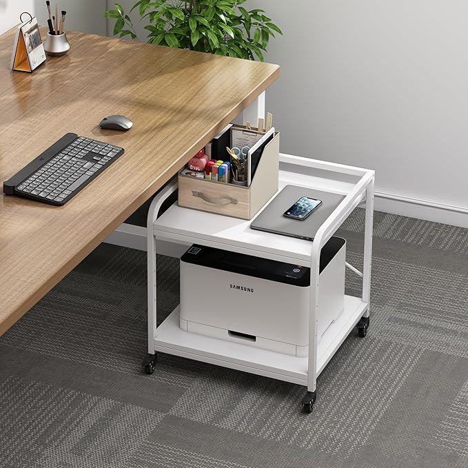 Fannova 20 Inches Deep Large Printer Stand, 2 Tier Under Desk Printer Table with Height Adjustable Shelf, Rolling Printer Cart with Wheels for Home Office Storage - White