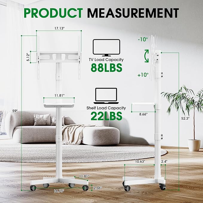 Mobile TV Cart Rolling TV Stand for 23-60 Inch LCD LED Flat Curved Screens up to 88 lbs, Height Adjustable Portable TV Stand on Wheels with Shelf, Outdoor TV Stand Mount, Max VESA 400x400mm, White