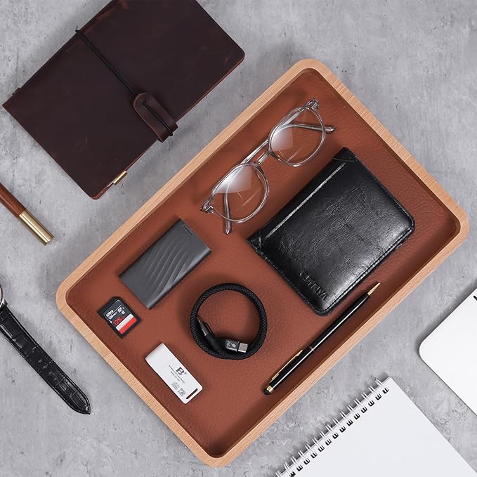 ProCase Wooden Valet Tray for Men, Wood Catch-All EDC Organizer, Nightstand, Entryway Bedside Dump Holder, for Wallets, Keys, Watches, Phones, Loose Change, Trinkets -LightBrown
