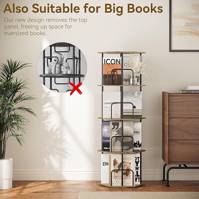 SUNMORY 4 Tier Rotating Bookshelf Tower, Revolving 360 ° Spinning Bookcase, Hexagonal Corner Book Shelf Storage Carousel, Vertical Rotate Turning Organizer Book Shelves for Living Room Office Bedroom