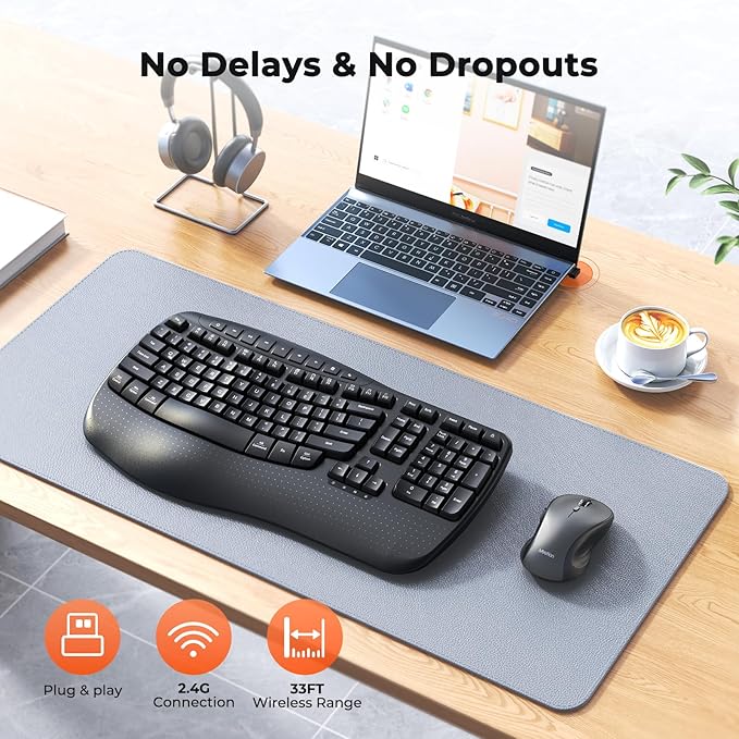MEETION Ergonomic Keyboard and Mouse, Wave Keys Natural Typing, 2.4G USB Receiver Wireless Keyboard with Wrist Rest, 4 Adjustable DPI Optical Mouse, Computer/Laptop/Windows/Mac, Black