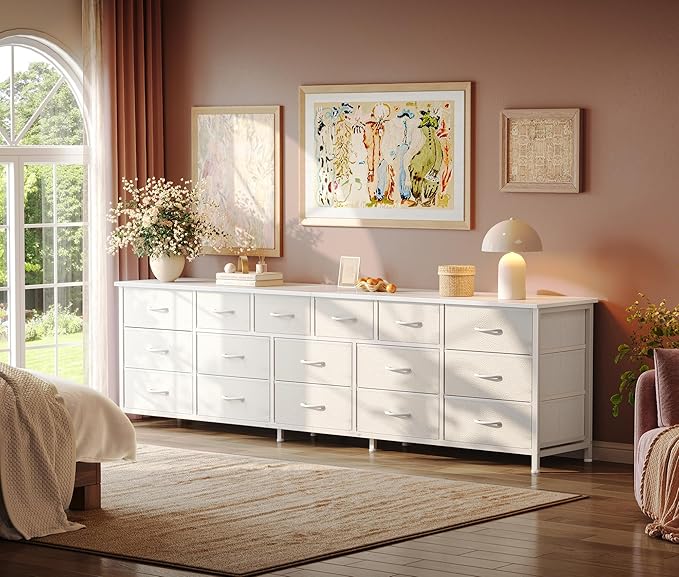 Huuger 77.6" Long Dresser for Bedroom, 16 Drawer Fabric Dresser for Closet, Wide Chest of Drawers with Storage, TV Stand for 65, 75, 85 Inch TV, 77.6" W x 12.9" D x 26.7" H, White