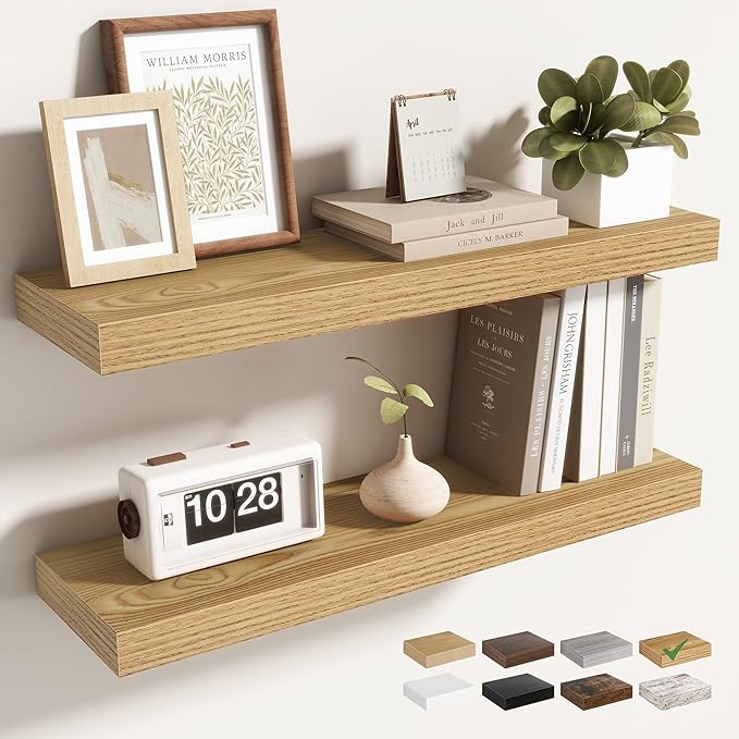 Acovy 24 Inch Floating Shelves for Wall 2 Pack, 24" Wall Shelves for Books, Storage, Decor, Wall Mounted Floating Shelf with Invisible Brackets for Kitchen, Living Room, Light Brown