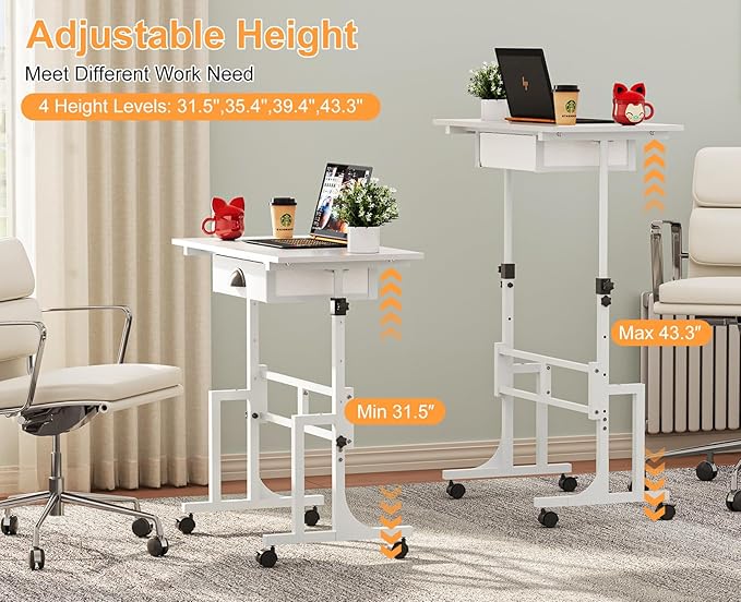 Cidaziya Small Adjustable Height Standing Desk with Storage Drawers, Rolling Sit Stand Up Desk with Wheels Charging Station, Adjustable Mobile Portable Table for Walking Pad Laptop Treadmill Computer