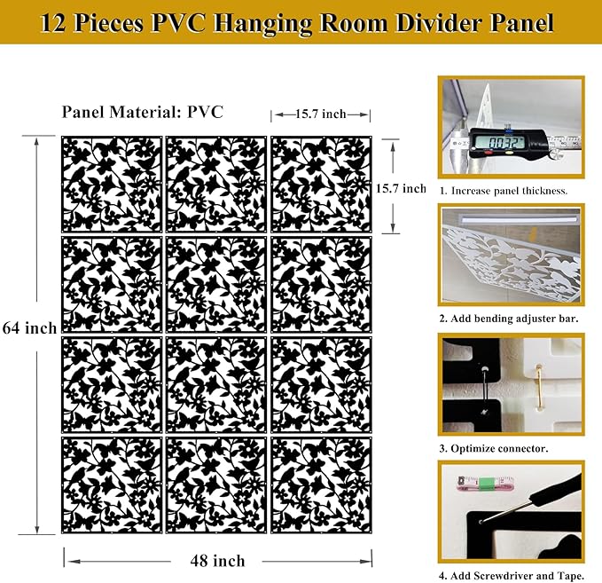 Lchen Hanging Room Divider Panels,12pieces PVC Screen Panels for Home Room Hotel and Bar Decoration(Black01)