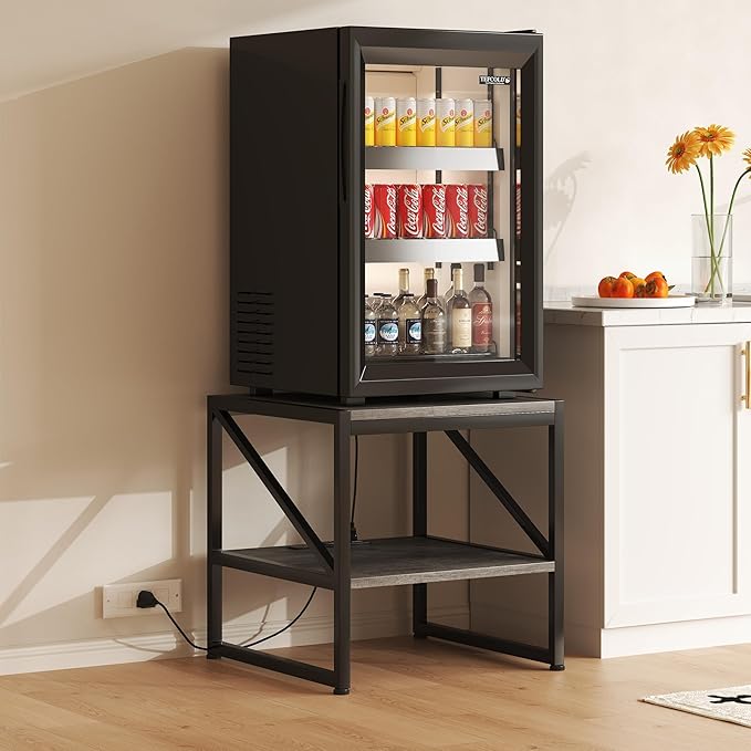 End Table with Charging Station, 20 Inch Square Printer Stand with USB Ports & Power Outlets, Mini Fridge Stand with 2-Tier Storage Shelf Adjustable, Industrial Wood Nightstand for Small Spaces, Grey