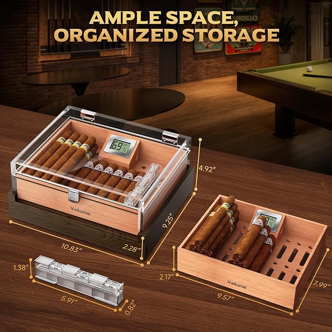 VALLUME Cigar Humidor, Acrylic Humidor with Wooden Drawer Base, Compact Desktop Humidor, Features Gel-Controlled Sliding Cigar Humidifier, Cedar Wood Tray, Ideal Gift for Men (Small size)