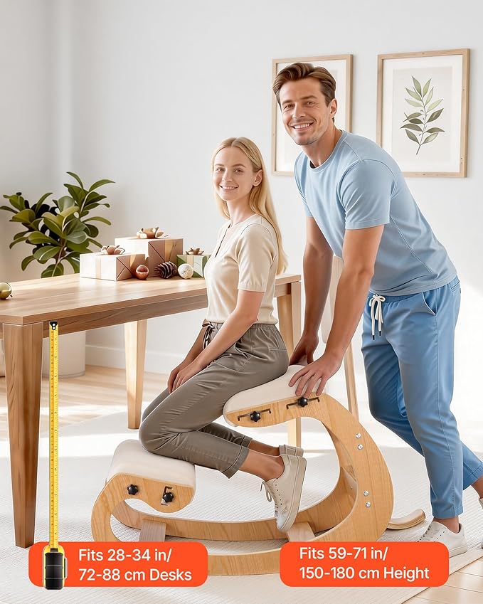 VEVOR Ergonomic Kneeling Chair, Wooden Posture Knee Chair with Adjustable Thick Foam Cushions, Backrest and Wood Frame, Adjustable Height, Relief for Neck or Back Pain for Home, Office or Meditation