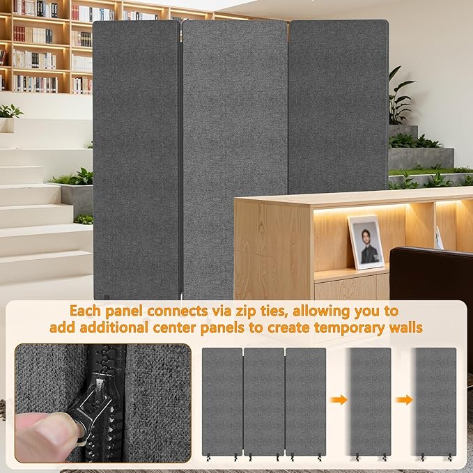 72"x66" Soundproof Room Divider Panel with Wheels, Office Partition Wall 3 Panel Portable Room Temporary Wall Privacy Screen for Office Home Classroom Divider Freestanding Dark Gray