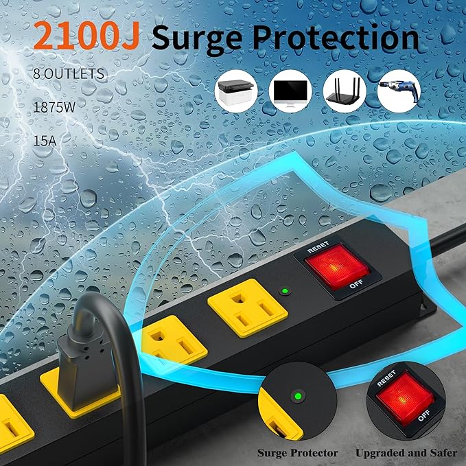 8 Outlet Power Strip 2100J Surge Protector, 8FT Heavy Duty Extension Cord Wide Spaced Outlet and Wall Mount Metal Powerstrip for Home Office Garage Workshop