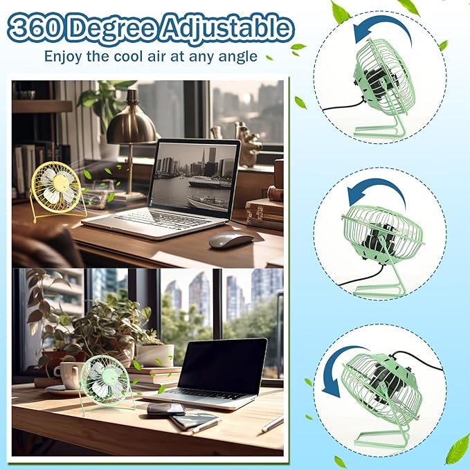 Glooglitter 4 Pcs 4" USB Small Fan Powerful Quiet 360° Adjustable Rotation Personal Metal Mini Desk Fan Summer Electric Ideal for Home Office Bedroom Desk Airflow Cooling, USB Powered Only(Cute Color)