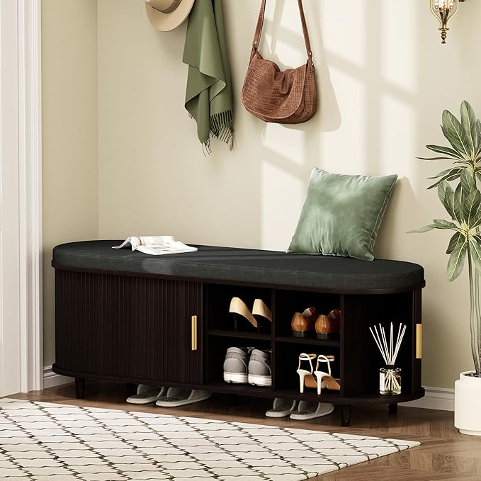 DHH 2-Tier Storage Bench,Wide Shoe Bench with Thickened Padded Seat Cushion, Mid Century Modern Fluted Sliding Door and Adjustable Shelf, for Entryway, Living Room, Bedroom (Dark Walnut, 51.2”)