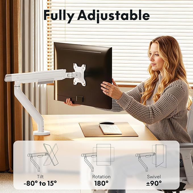 FlexiSpot Single Monitor Arm, Premium Aluminum Monitor Desk Mount Fits Screen up to 35 Inches 19.84 lbs, Fully Adjustable Monitor Stand with C-Clamp & Grommet Base for Home Office, White