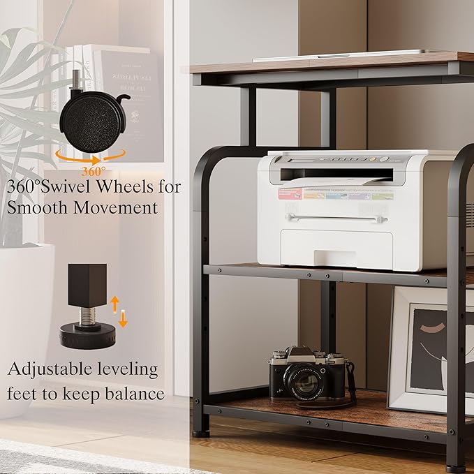 Unionly Large Printer Stand with Adjustable Shelf, 3-Tier Rolling Printer Cart with Wheels, Heavy-Duty Wood Printer Table for Home Office, Heat Press and Laser (Rustic Brown)