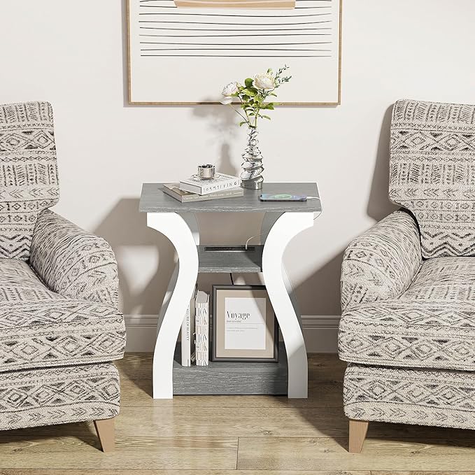 FROMJBEST End Tables Living Room, Grey End Table with Charging Station, Grey Side Table, Nightstand for Bedroom, 3 Tier End Table with Storage Shelf for Living Room
