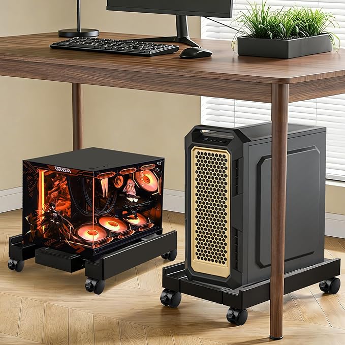 Tendak Adjustable Computer Tower Stand with Cooling Fan, Mobile CPU Holder Floor Stand with 4 Caster Wheels for Most PC Tower, Under Desk PC Holder for Office, Home and Classroom