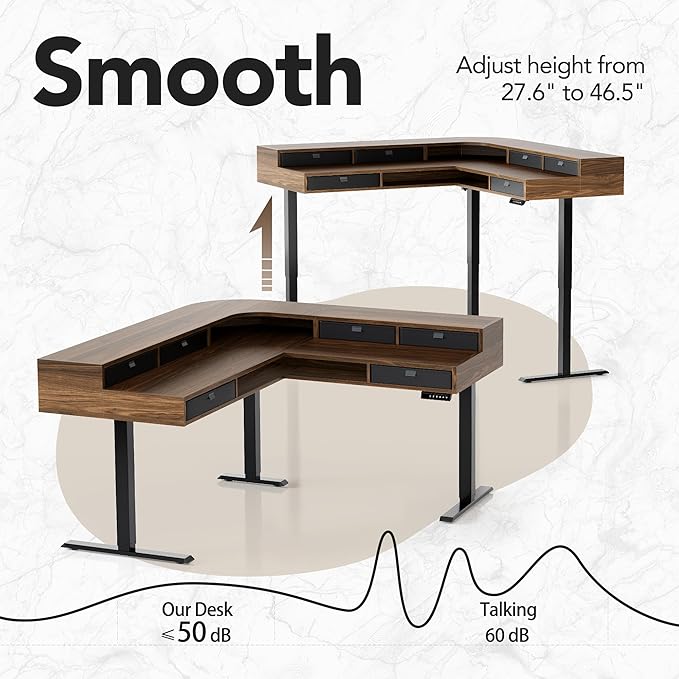 HUANUO Electric L Shaped Standing Desk with 6 Storage Drawers & File Cabinet, 2-Tier Corner Sit Stand Desk with Cable Management Tray, 84.5" × 58" Height Adjustable Computer Gaming Table, Walnut