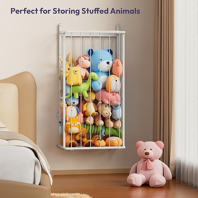 SWTYMIKI Hanging Stuffed Animal Storage - Over Door Large Plush Toy Organizer, Wall Mounted or Corner Stuffie Storage for Nursery, Doll & Bear Plush Organizer for Kid Room Bedroom (White, 2-Tier)