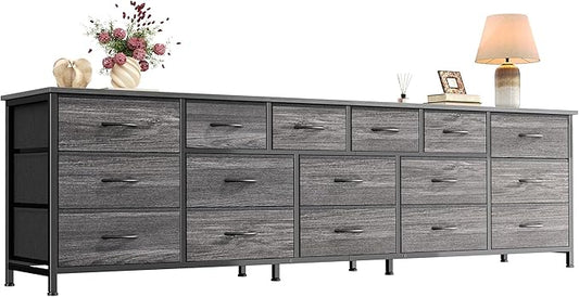 Huuger 77.6" Long Dresser for Bedroom, 16 Drawer Fabric Dresser for Closet, Wide Chest of Drawers with Storage, TV Stand for 65, 75, 85 Inch TV, 77.6" W x 12.9" D x 26.7" H, Grey