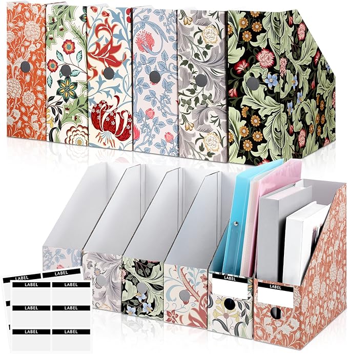 PerKoop 6 Pcs Decorative Magazine File Holders Floral Foldable File Folders Magazine Storage Boxes Rack Desk Organizer Documents with Printable Labels for School Office Home (Floral)