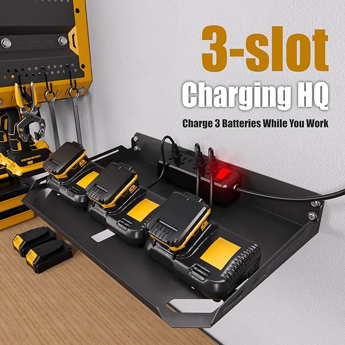 Spampur Tool Organizer Storage Wall Mount, Tool Shelves Drill Holder for Men, Metal Sturdy Steel Rack Saves Space in Workshop/Garage Organizes Power Tools, Screwdrivers, Gadgets, Floating Shelving