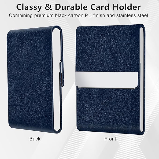 Business Card Holder with Magnetic Closure, Slim Metal PU Business Card Case for Men Women, 3.7 x 2.3 inches RFID Blocking Credit Cards Holder for Pocket or Bag Storage, Dark Blue