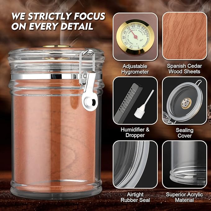 XIFEI Acrylic Humidor Jar with Humidifier and Hygrometer,humidor That can Hold About 18 Cigars (Clear)