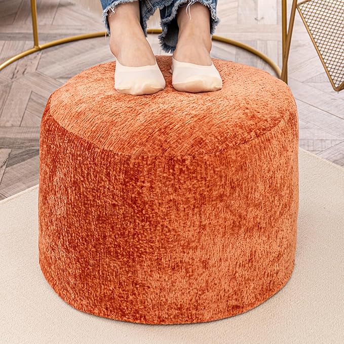 Boucle Round Pouf Ottoman - All-in-One Solid Foam Filled Foot Rest, Multifunctional Coffee Table & Floor Seat for Living Room, Bedroom - Orange