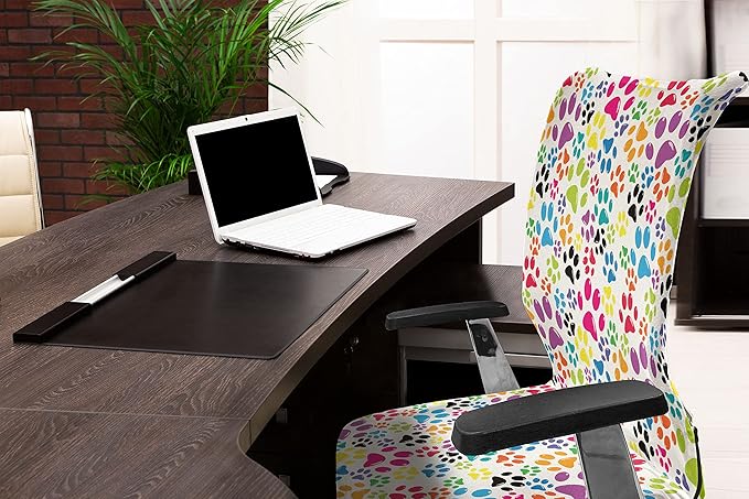 Ambesonne Dog Office Chair Cover, Colorful Little Paws Steps Art Cartoon Unusual Traces Design, Stretchable Decorative Universal Size High Back Printed Slipcover, Purple Blue