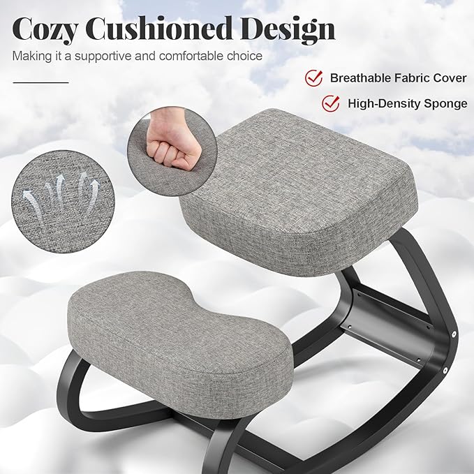 Giantex Ergonomic Kneeling Chair, Rocking Posture Chair with Padded Cushion, Knee Chair for Back Neck Pain Relief, Wooden Kneeling Desk Chair for Home Office