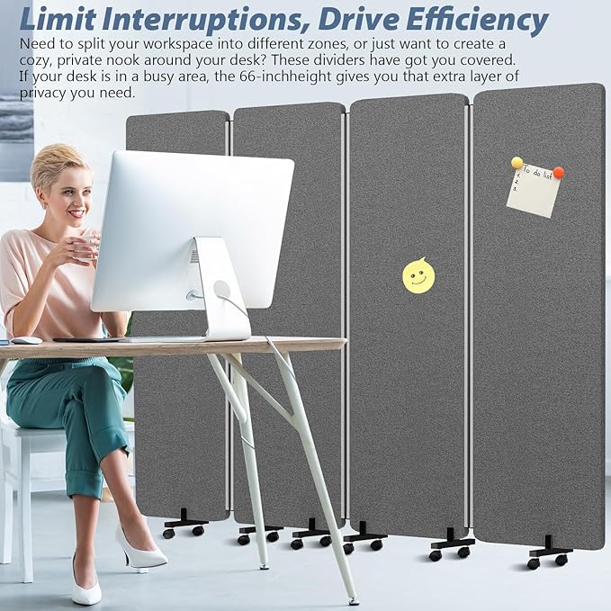 Room Divider Soundproof Privacy Panel with Wheels, 4 Panel Wall Divider (Aluminum Frame) for Room Partition, Folding Room Dividers Space Separation Office Cubicle Wall Divider Sound Proof Separator