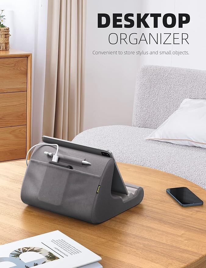 Lamicall Tablet Stand Pillow Holder - Tablet Pillow Soft Pad for Bed, Lap Phone Stand with Stylus Mount & Pocket, for iPad Pro 12.9, Air, Mini, Kindle, Galaxy Tab and 4-13" Devices, Grey, Mother's Day
