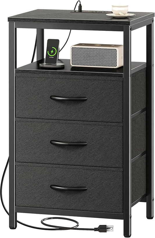 Huuger Nightstand with Charging Station, 27.6 Inch Side Table with Fabric Drawers, End Table Bedside Table with USB Ports and Outlets, Night Stand for Bedroom, Black