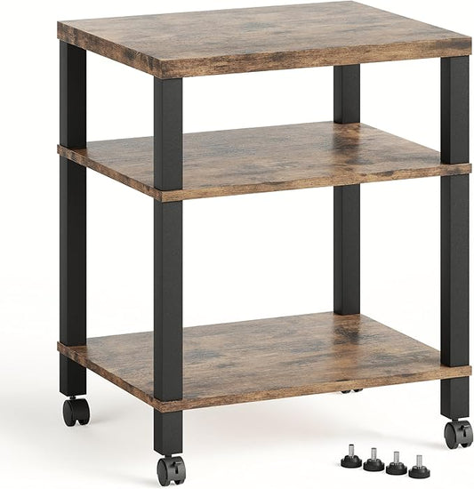3-Tier Printer Stand with Wheels, Large Under Desk Rolling Cart for Office Storage, Heavy Duty Machine Stand with Adjustable Shelf, 22.04"x17.71"x26.54", Rustic Brown
