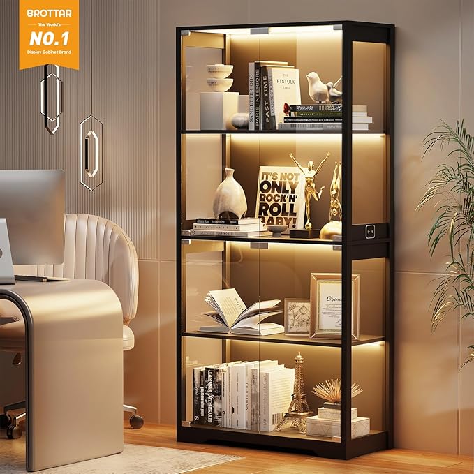 BROTTAR Display Cabinet with Glass Doors, 4-Tier Curio Cabinet with 3 Color Lights for Collectibles, Glass Display Case with Human Body Sensor, Bookcase with 4 Shelves, Storage Cabinets, Black