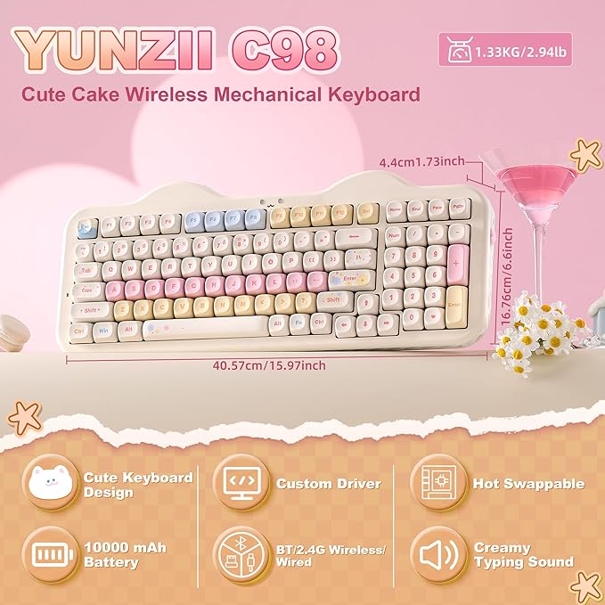 YUNZII C98 Wireless Mechanical Keyboard with Number Pad,99 Key BT5.0/2.4G/USB-C Hot Swap Gasket Mount with PBT MOA Keycaps,Custom RGB,Cute Cake Keyboard for Win/Mac (Beige, Milk V2 Linear Switch)