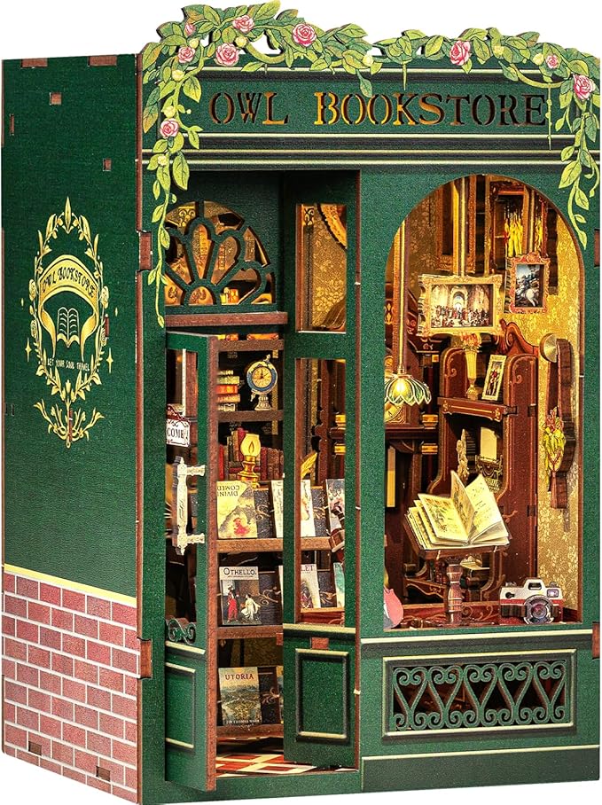 Fsolis Book Nook Kit, Booknook 3D Wooden Puzzles for Adults DIY Bookshop Model Diorama Bookshelf Miniature Kit Mini House Building, Gifts for Book Lovers Readers Book Worms（OWL Bookstore）