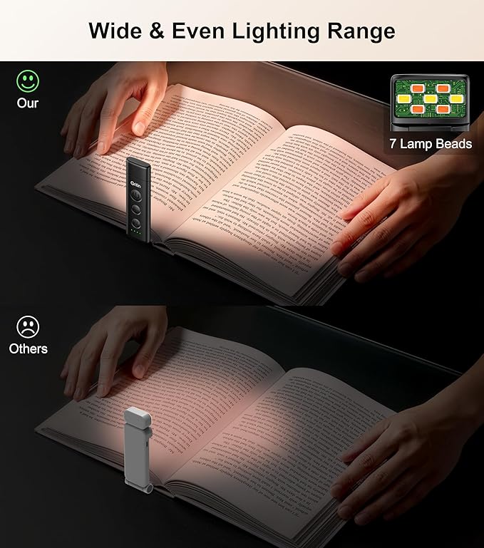 Gritin Book Light Rechargeable, Eye Caring 3-Color & 5-Brightness Clip on LED Reading Light for Books in Bed- Stepless Dimming, Long Lasting, Compact Size Flexible Book Lamp for Bookworms-Black