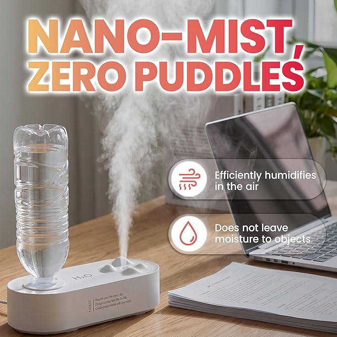 HASHI 2000mAh Wireless & Corded Portable Water Bottle Humidifier, USB-C Rechargeable Personal Mini Humidifier with Night Light, Leak-Proof Ultrasonic Cool Mist Maker for Travel, Office, and Car